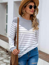 Striped Round Neck Long Sleeve T-Shirt Cloudy Blue Women's T-Shirts - Tophatter Daily Deals