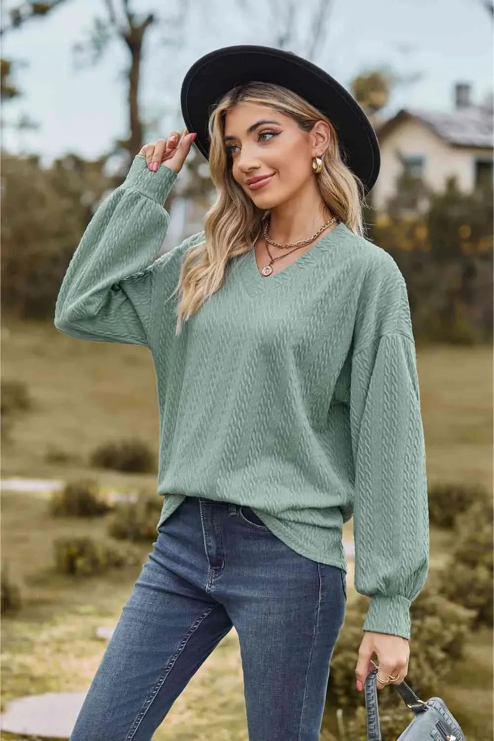 V-Neck Dropped Shoulder Blouse Blouses - Tophatter Daily Deals