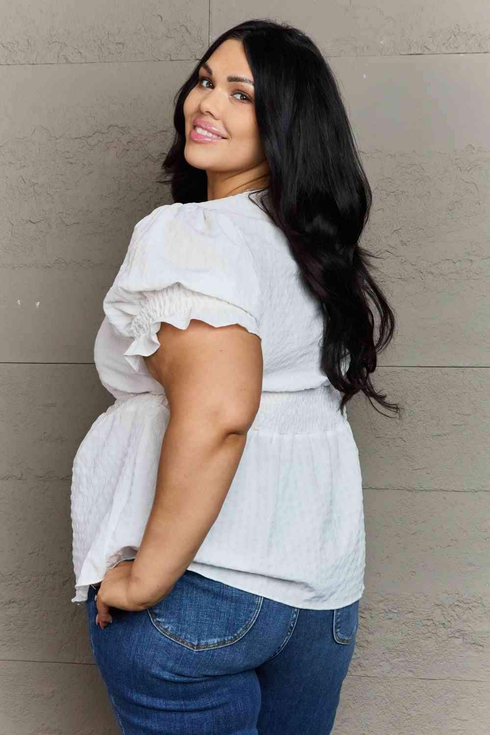 Culture Code Sweet Serenity Full Size V-Neck Puff Sleeve Button Down Top Blouses - Tophatter Daily Deals