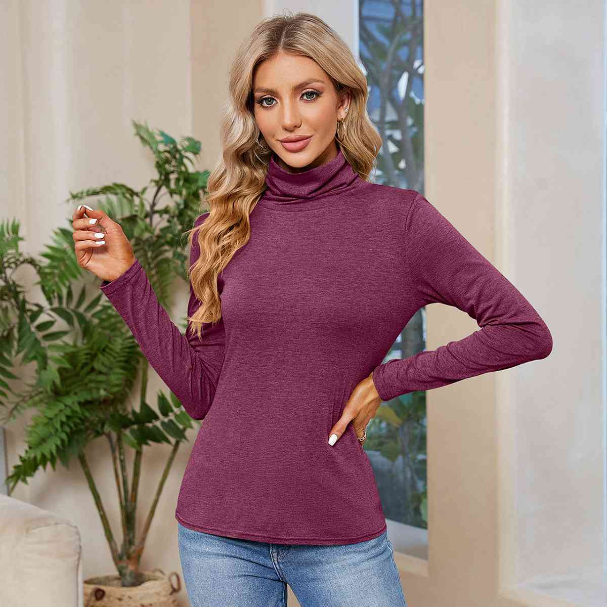 Turtleneck Long Sleeve T-Shirt Cerise Women's T-Shirts - Tophatter Daily Deals