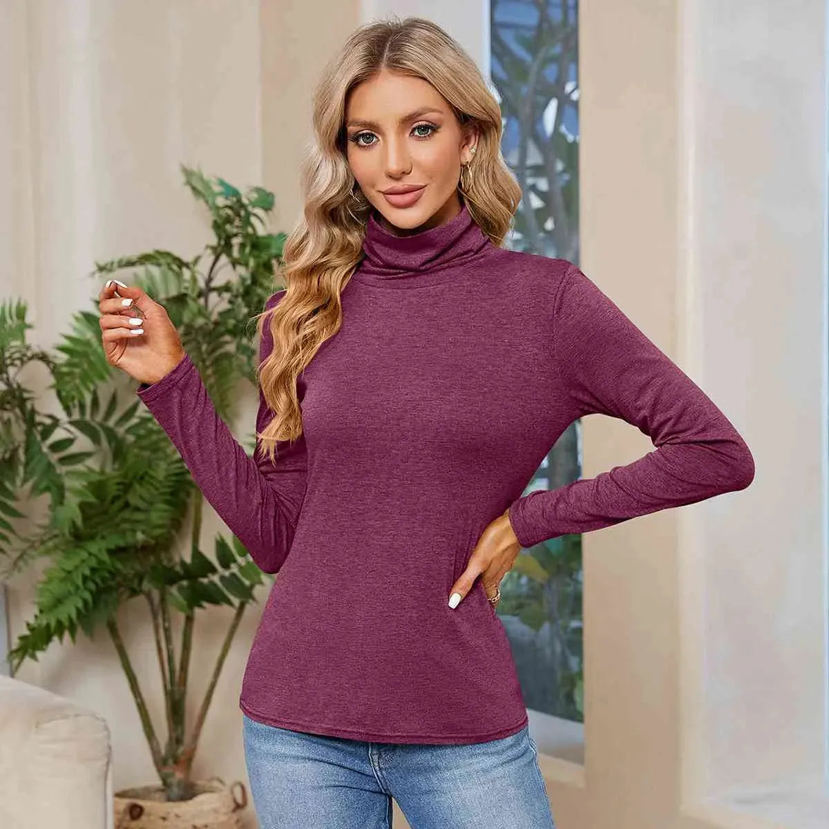 Turtleneck Long Sleeve T-Shirt Cerise Women's T-Shirts - Tophatter Daily Deals