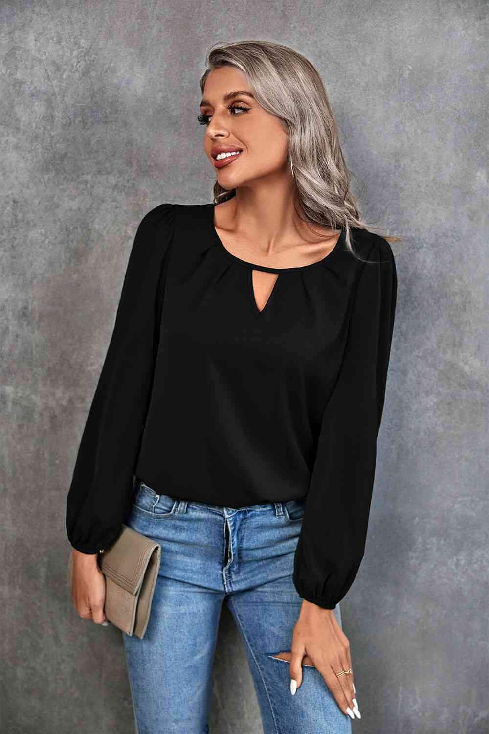 Pleated Detail Cutout Puff Sleeve Blouse Blouses - Tophatter Daily Deals