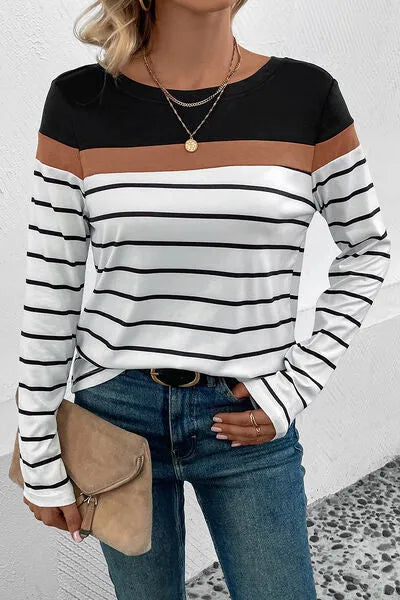 Striped Round Neck Long Sleeve T-Shirt Women's T-Shirts - Tophatter Daily Deals