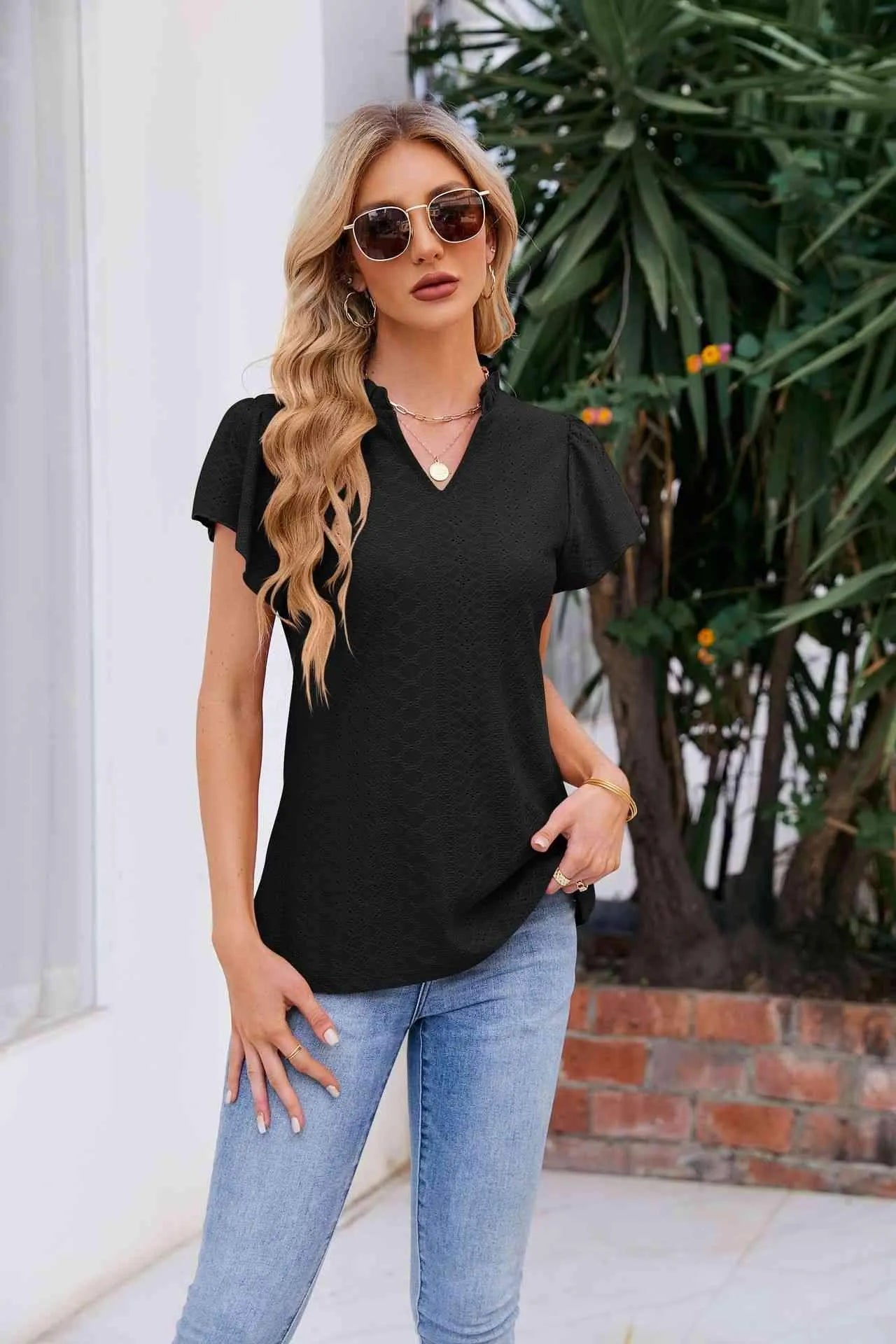 Notched Neck Puff Sleeve Blouse Black Blouses - Tophatter Daily Deals
