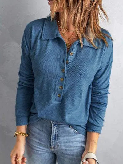 Collared Neck Half Button Top Peacock Blue Blouses - Tophatter Daily Deals