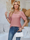 Eyelet Asymmetrical Neck Short Sleeve T-Shirt Light Mauve Women's T-Shirts - Tophatter Daily Deals