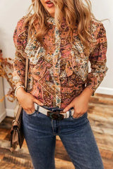 Printed Ruffled Three-Quarter Sleeve Top Blouses - Tophatter Daily Deals