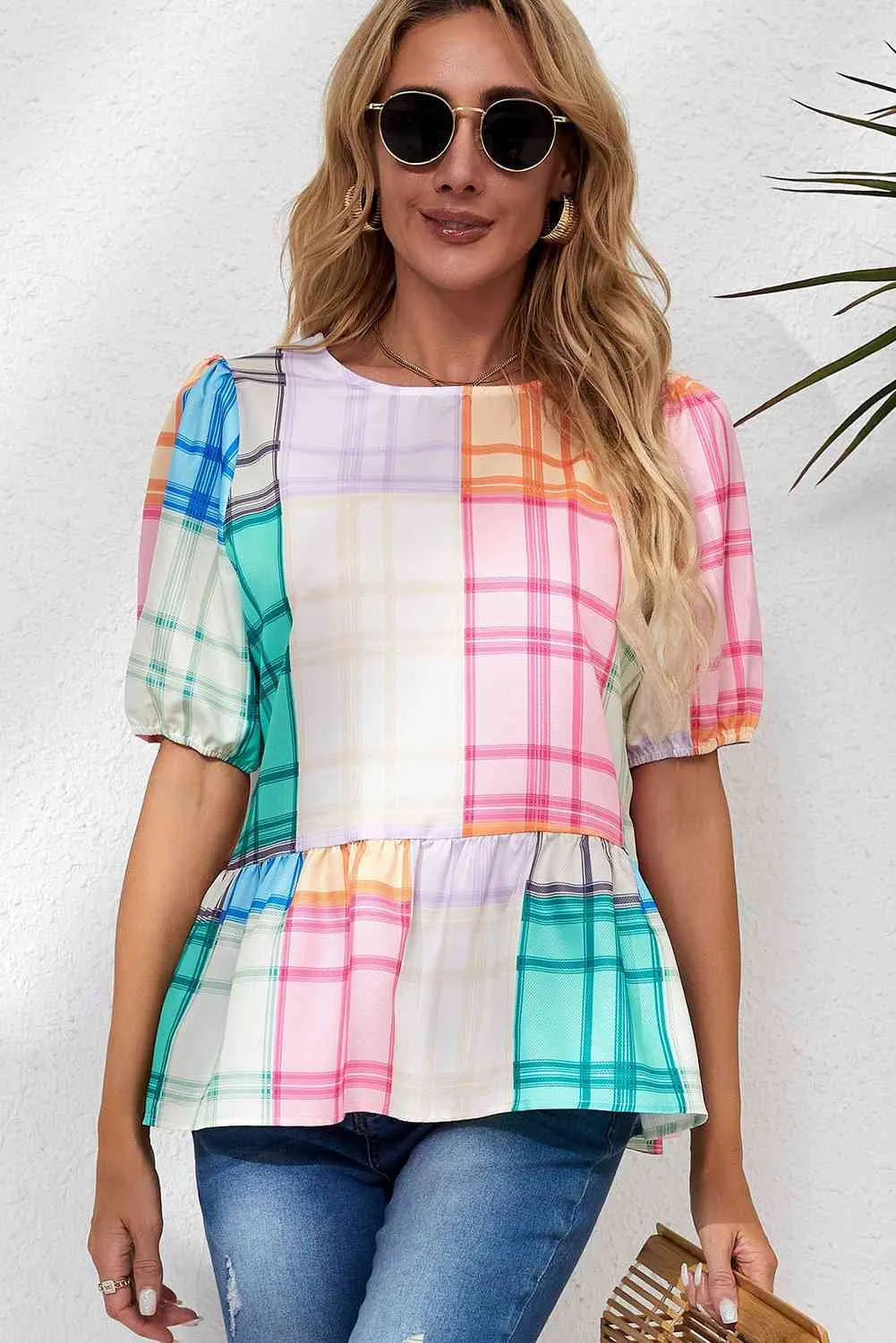 Round Neck Puff Sleeve Plaid Blouse Multicolor Blouses - Tophatter Daily Deals