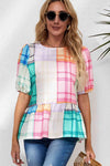 Round Neck Puff Sleeve Plaid Blouse Multicolor Blouses - Tophatter Daily Deals