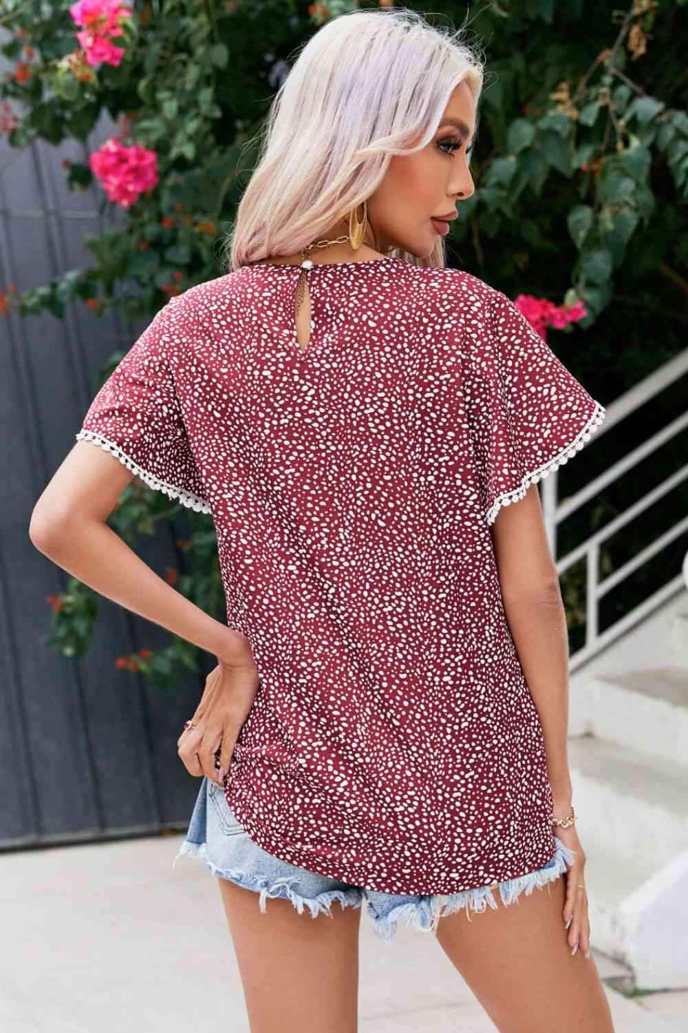 Printed Pom Pom Detail Petal Sleeve Blouse Blouses - Tophatter Daily Deals