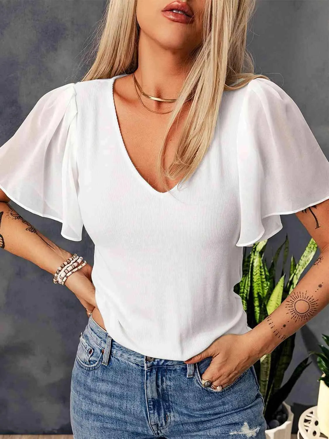 V-Neck Flutter Sleeve Top Blouses - Tophatter Daily Deals