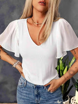 V-Neck Flutter Sleeve Top Blouses - Tophatter Daily Deals