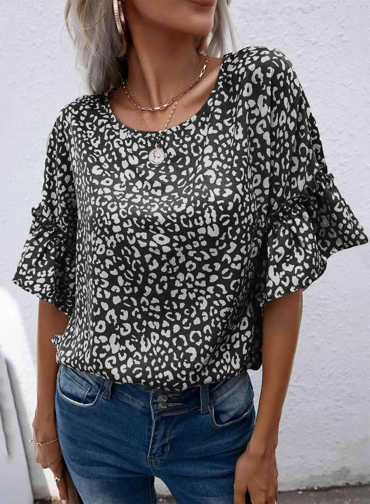 Leopard Round Neck Frill Trim Blouse Black Blouses - Tophatter Daily Deals