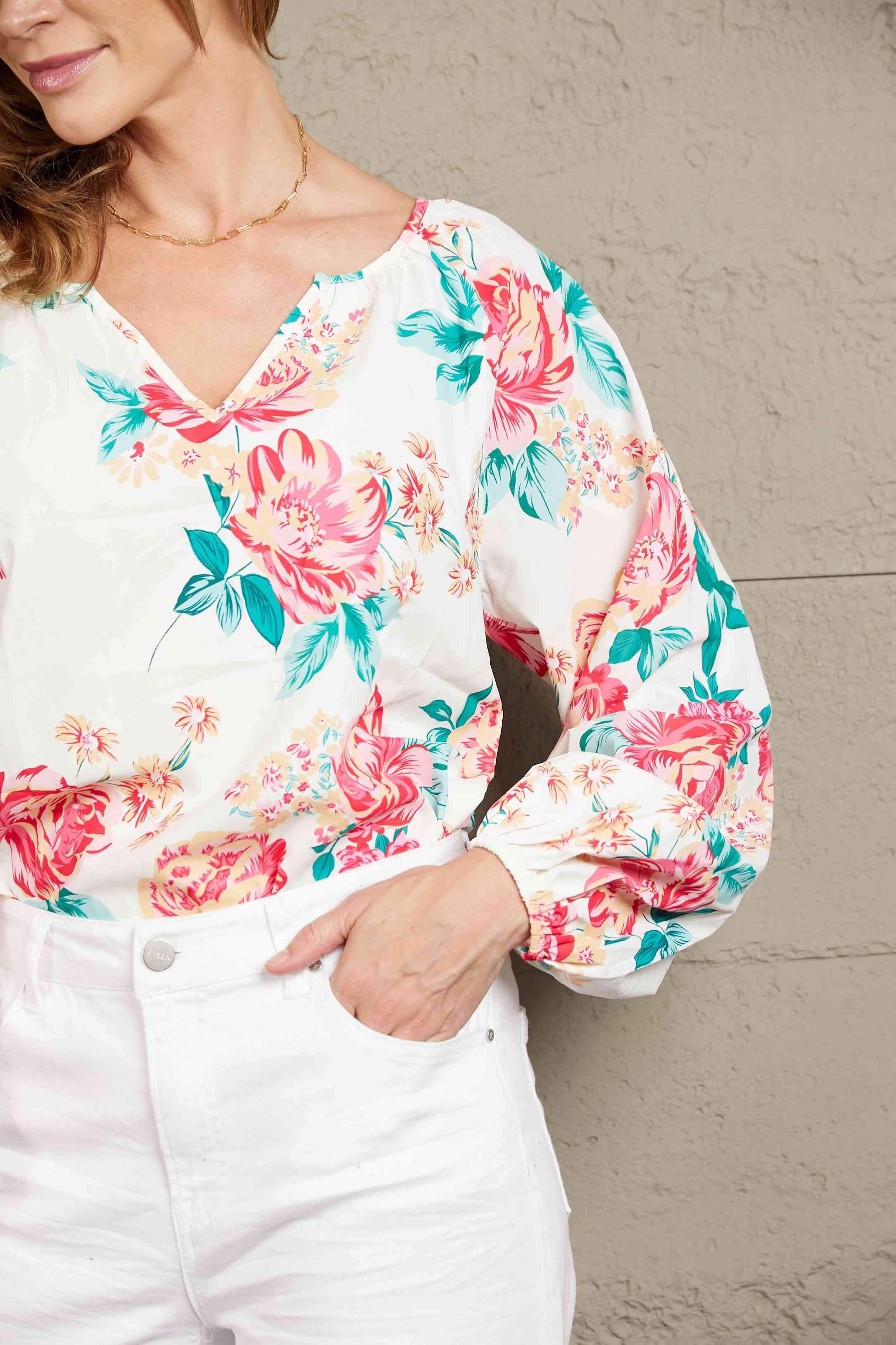 Double Take Floral Notched Neck Long Sleeve Blouse Blouses - Tophatter Daily Deals