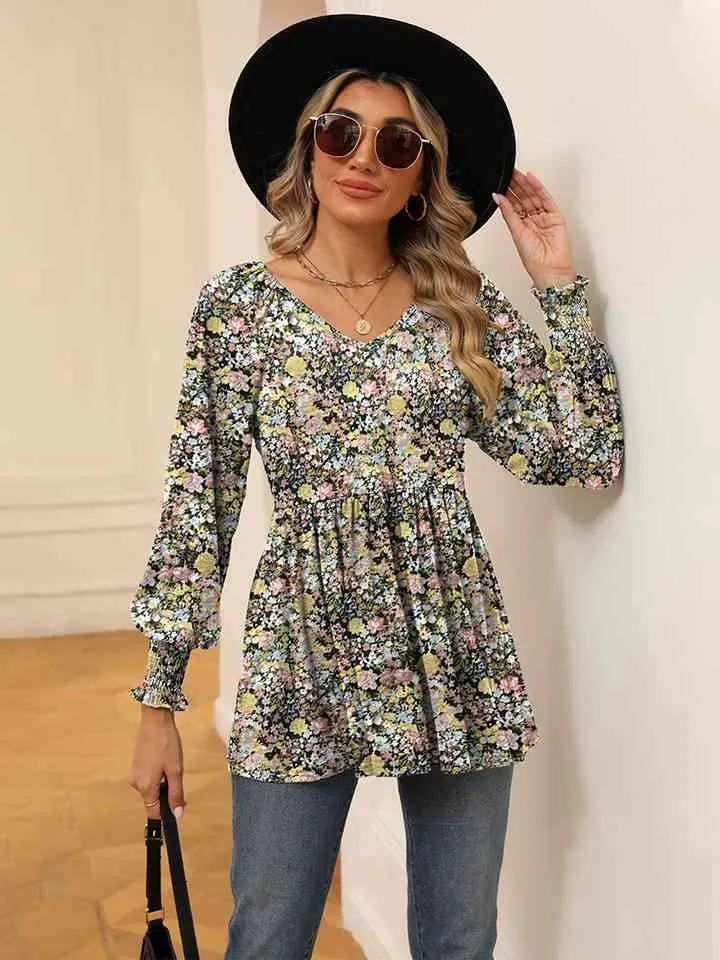 Printed V-Neck Lantern Sleeve Blouse Light Gray Blouses - Tophatter Daily Deals