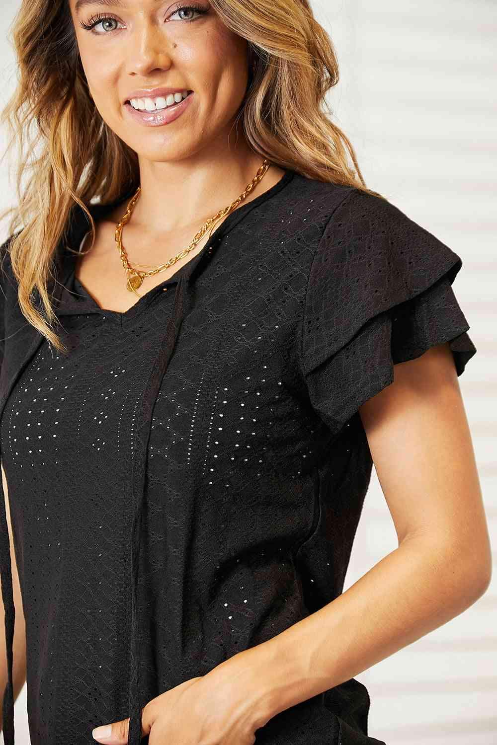 Double Take Eyelet Tie-Neck Flutter Sleeve Blouse Blouses - Tophatter Daily Deals