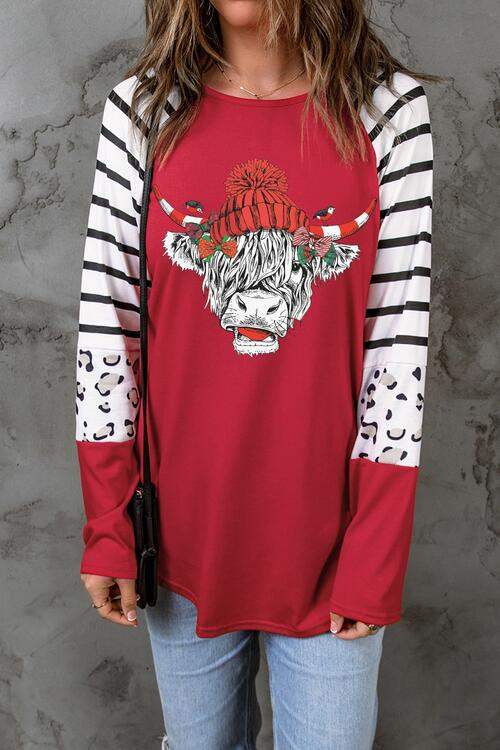 Bull Graphic Striped Long Sleeve T-Shirt Deep Red - Tophatter Daily Deals