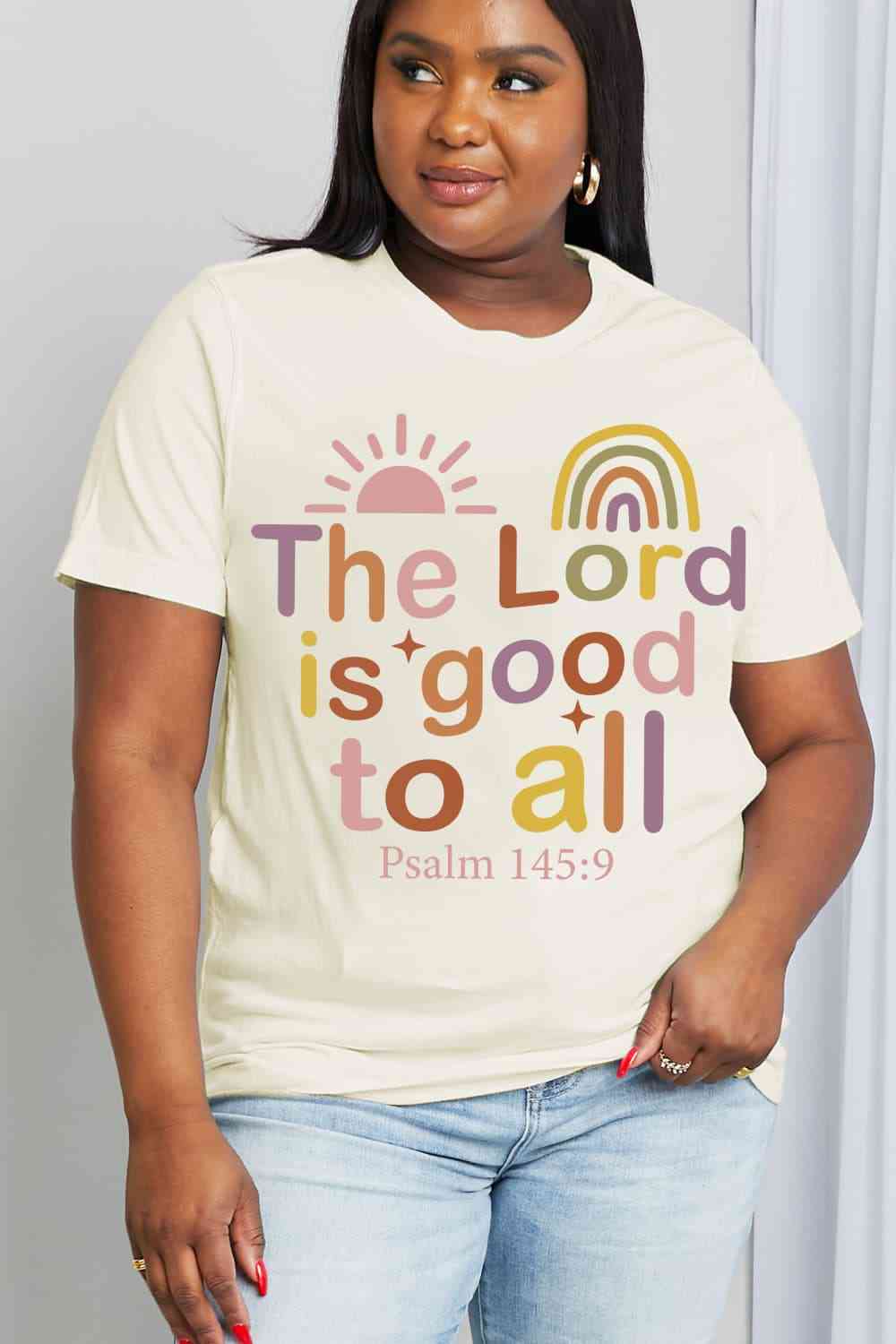 Simply Love Full Size THE LORD IS GOOD TO ALL PSALM 145:9 Graphic Cotton Tee Women's T-Shirts - Tophatter Daily Deals