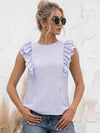 Round Neck Tied Open Back Flutter Sleeve Top Misty Blue Blouses - Tophatter Daily Deals