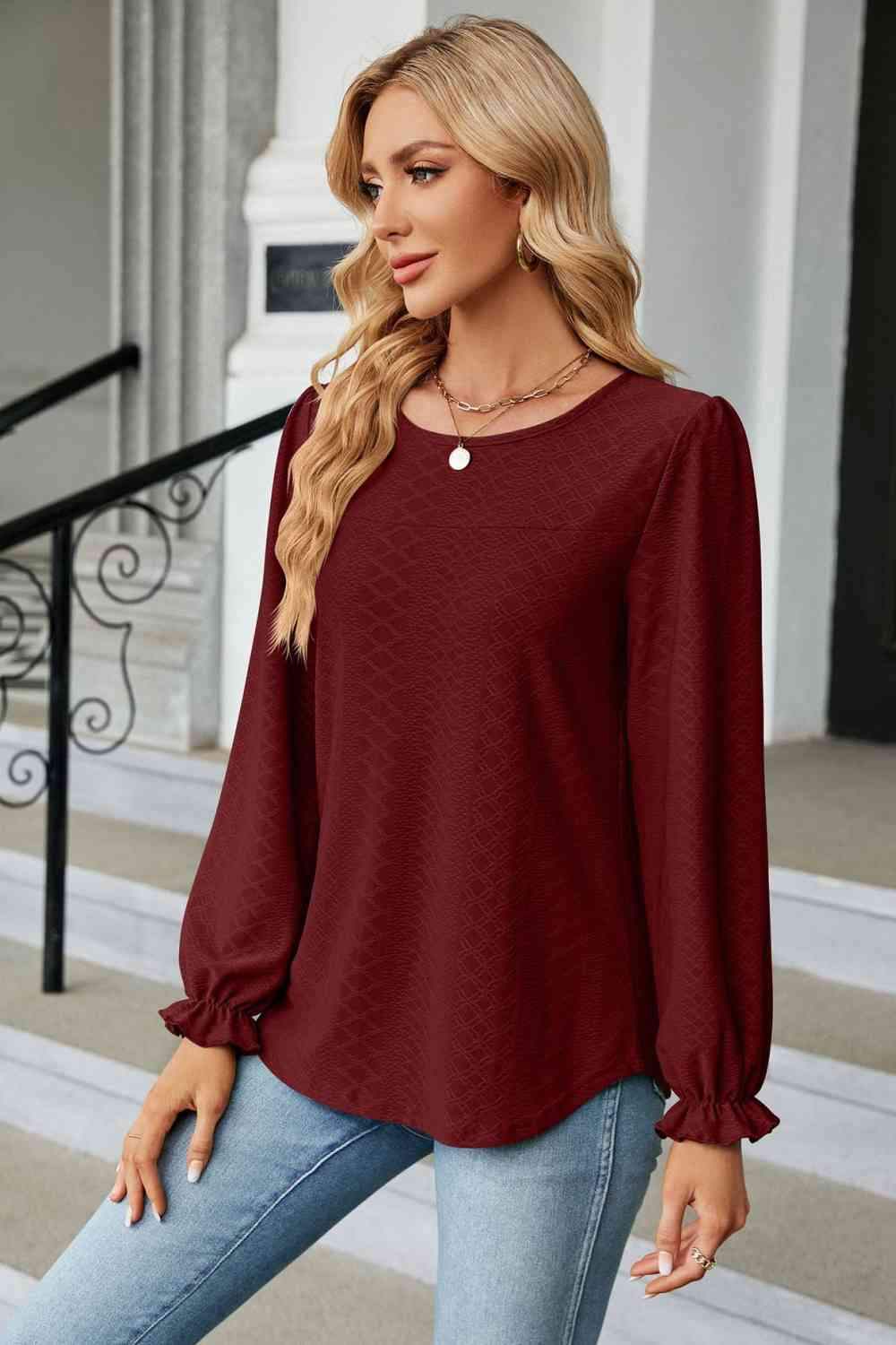 Round Neck Flounce Sleeve Blouse Blouses - Tophatter Daily Deals