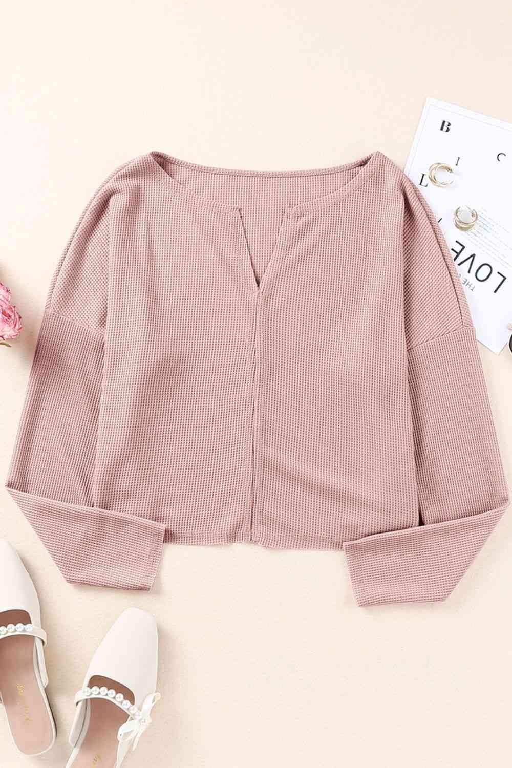 Waffle-Knit Dropped Shoulder Notched Top Pink Blouses - Tophatter Daily Deals