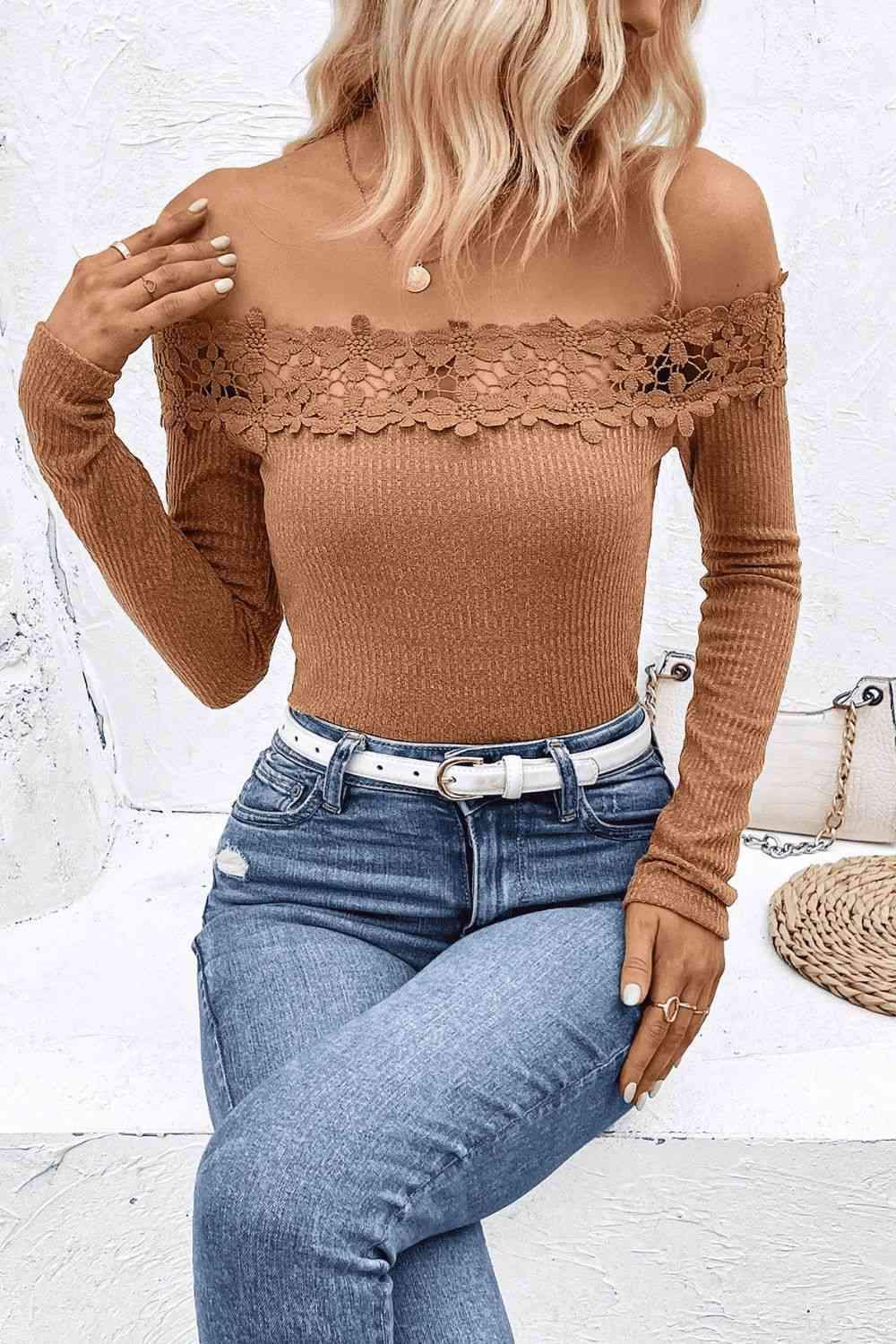 Off-Shoulder Lace Trim Ribbed Tee Blouses - Tophatter Daily Deals