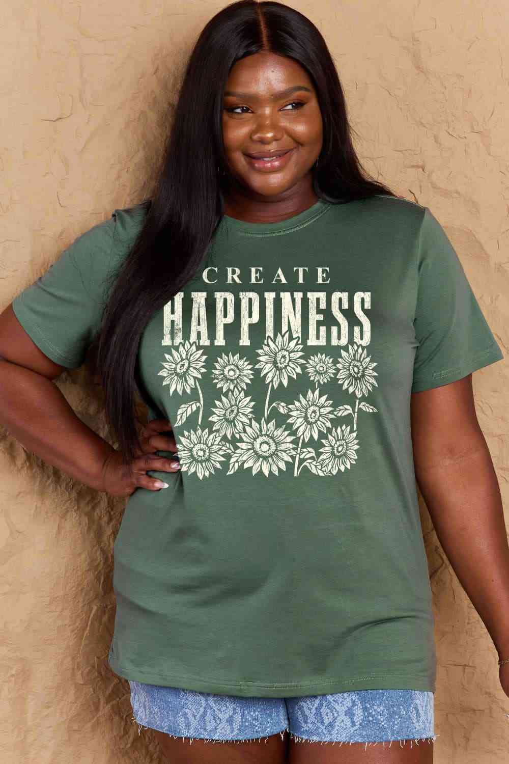 Simply Love Full Size CREATE HAPPINESS Graphic Cotton T-Shirt Women's T-Shirts - Tophatter Daily Deals