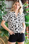 Leopard Notched Neck Short Flounce Sleeve Blouse Blouses - Tophatter Daily Deals