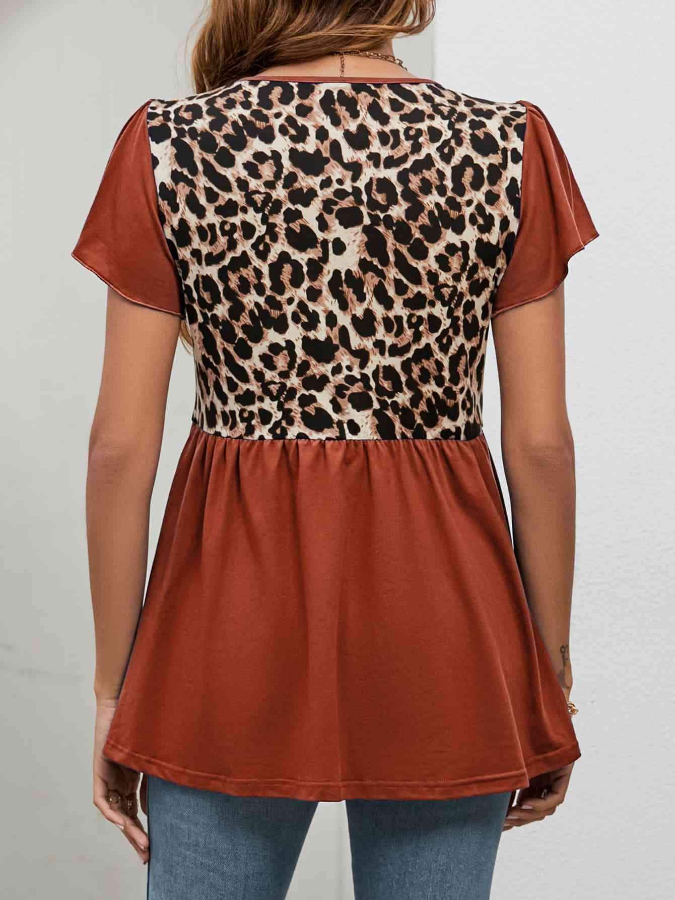 Leopard Round Neck Flutter Sleeve Babydoll Blouse Blouses - Tophatter Daily Deals