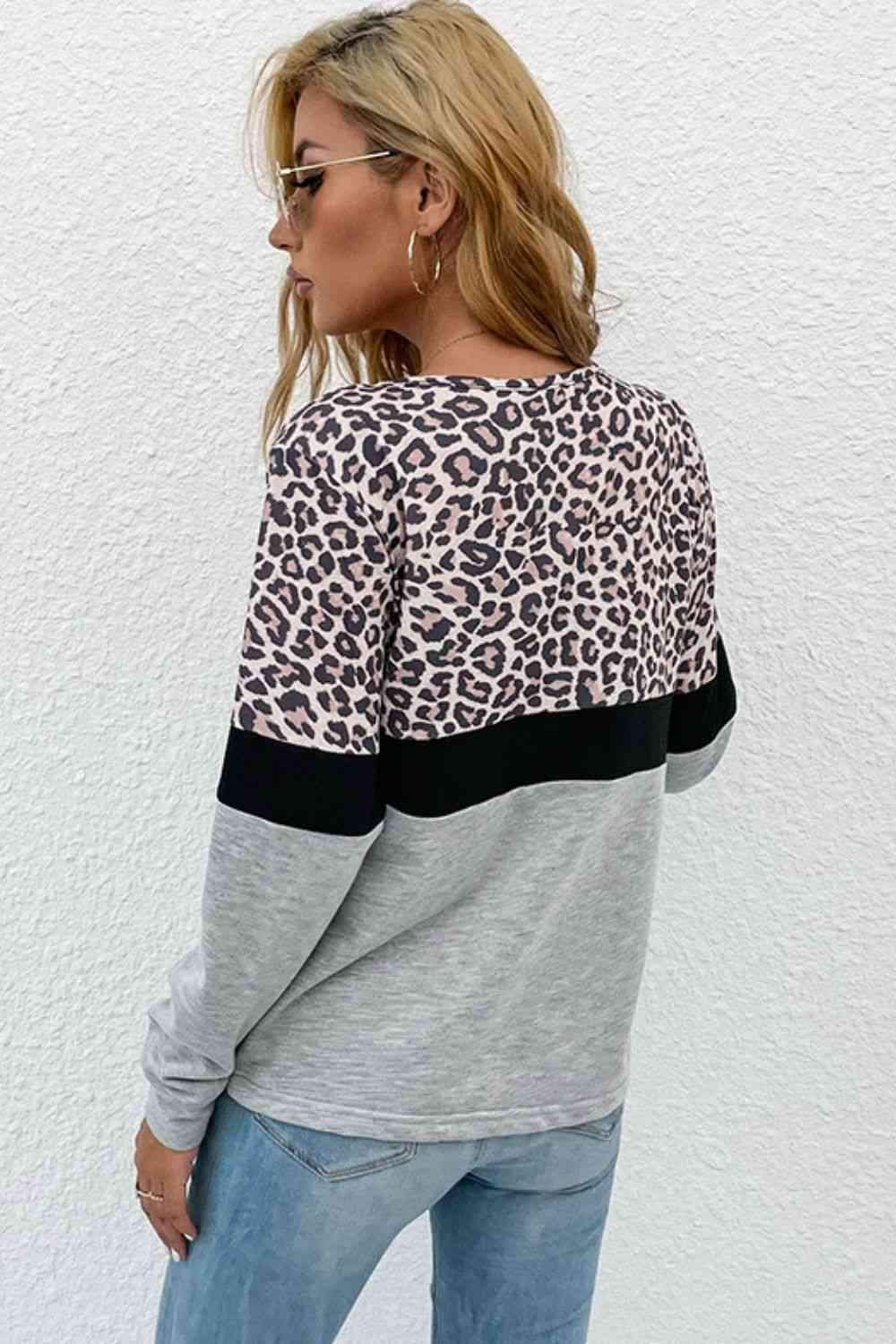 Leopard Color Block V-Neck Long Sleeve Top Blouses - Tophatter Daily Deals