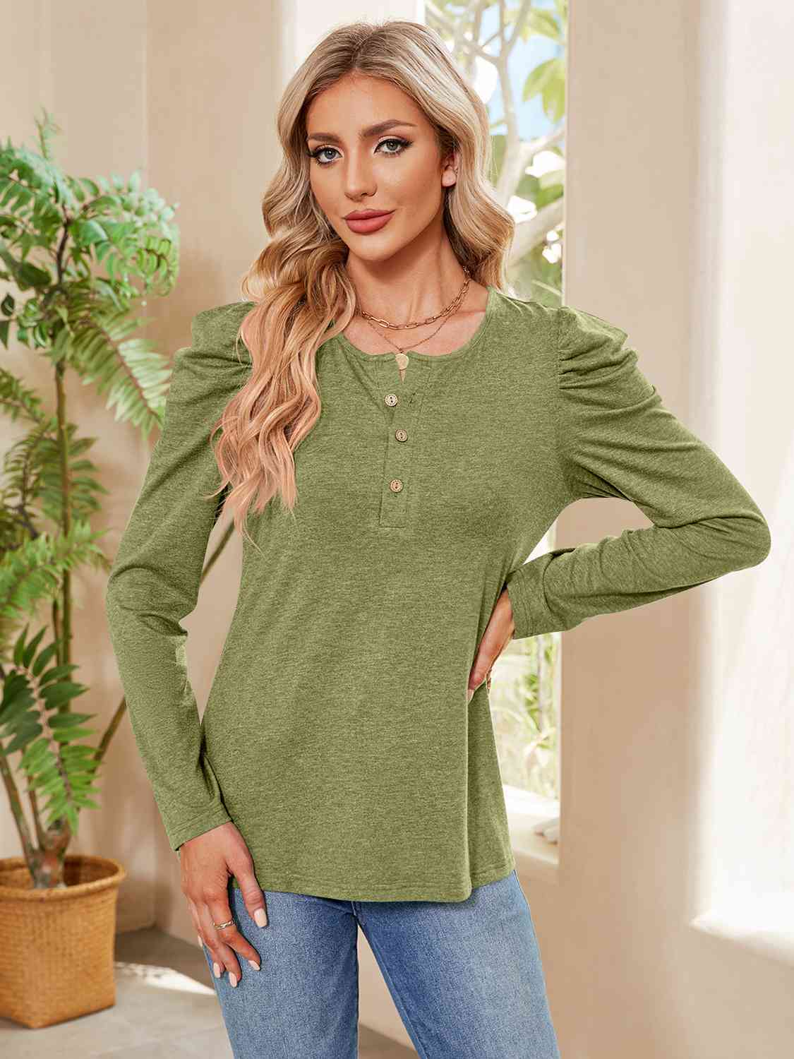 Buttoned Round Neck Puff Sleeve T-Shirt Moss Women's T-Shirts - Tophatter Daily Deals