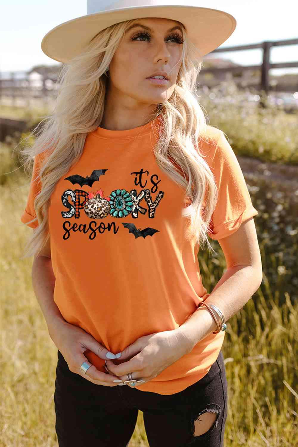 Round Neck Short Sleeve IT'S SPOOKY SEASON Graphic T-Shirt Pumpkin Women's T-Shirts - Tophatter Daily Deals