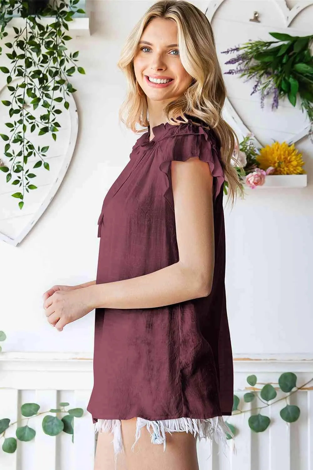 Tie-Neck Flutter Sleeve Blouse Blouses - Tophatter Daily Deals