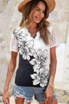 Floral Graphic Scalloped V-Neck Top Blouses - Tophatter Daily Deals