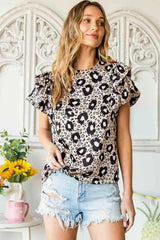 Animal Print Puff Sleeve Round Neck Blouse Blouses - Tophatter Daily Deals