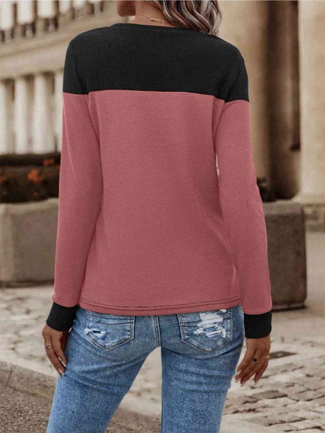 Contrast Buttoned Round Neck Long Sleeve T-Shirt Women's T-Shirts - Tophatter Daily Deals