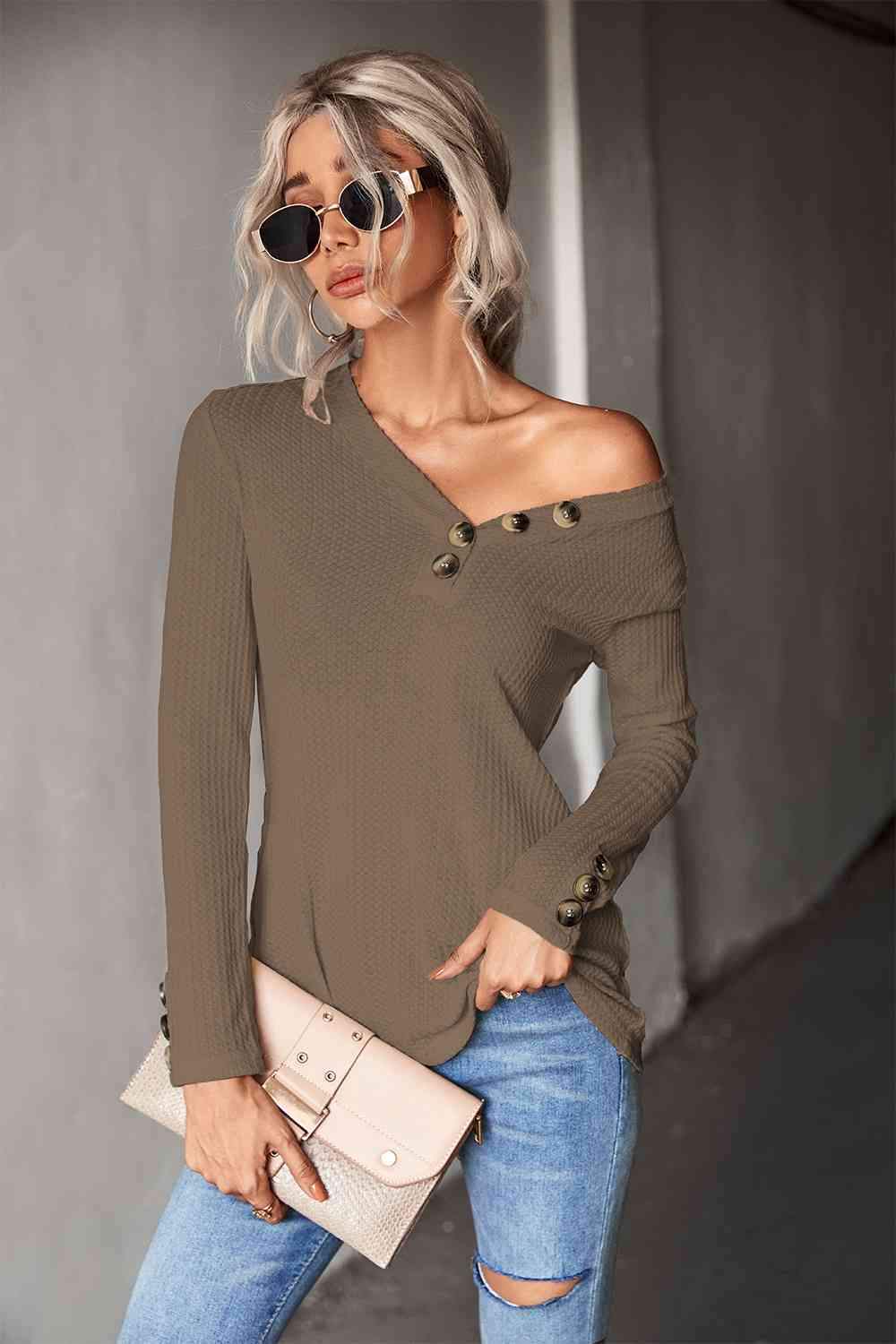 Waffle-Knit Button Detail V-Neck Top Blouses - Tophatter Daily Deals