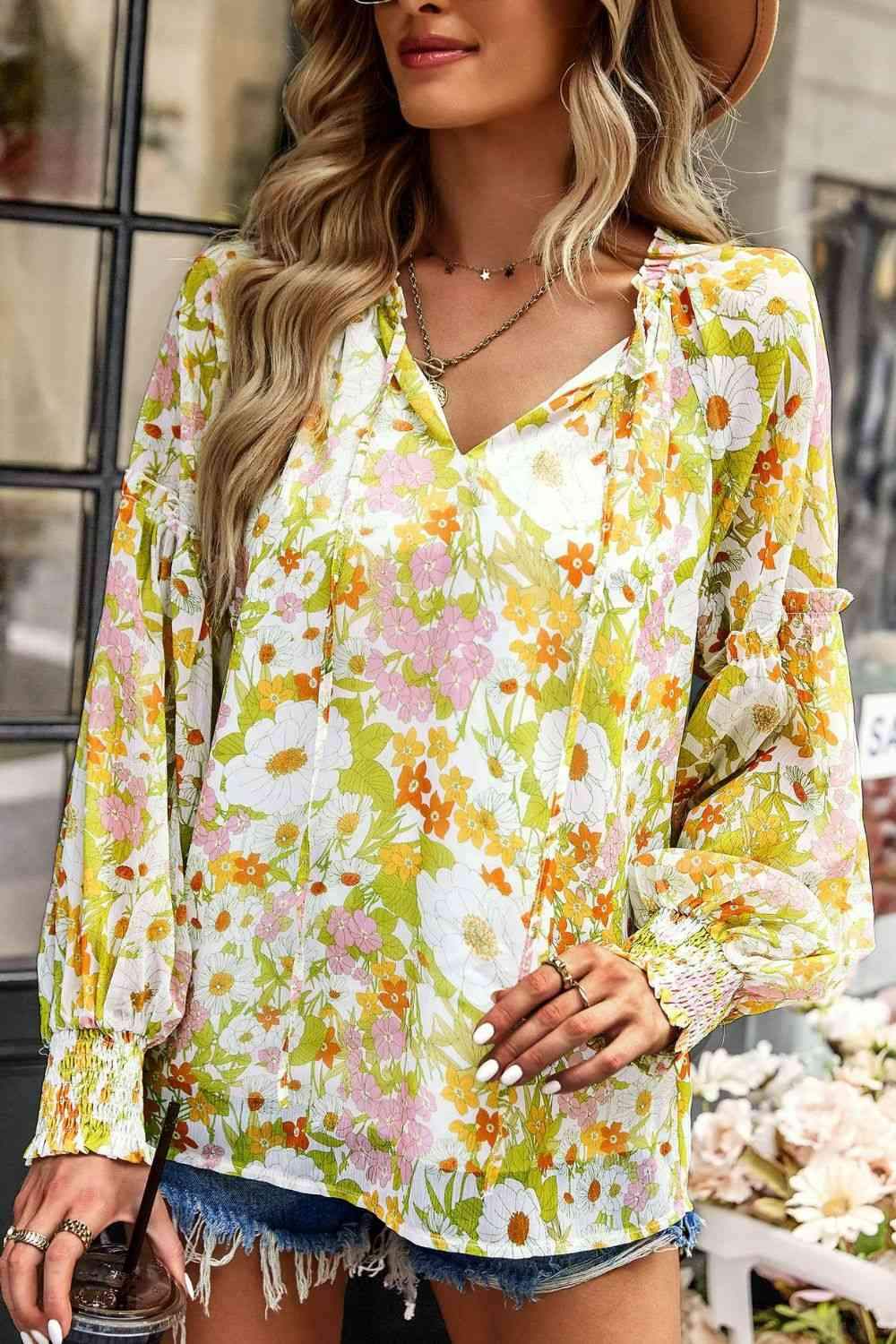 Floral Tie Neck Lantern Sleeve Blouse Blouses - Tophatter Daily Deals