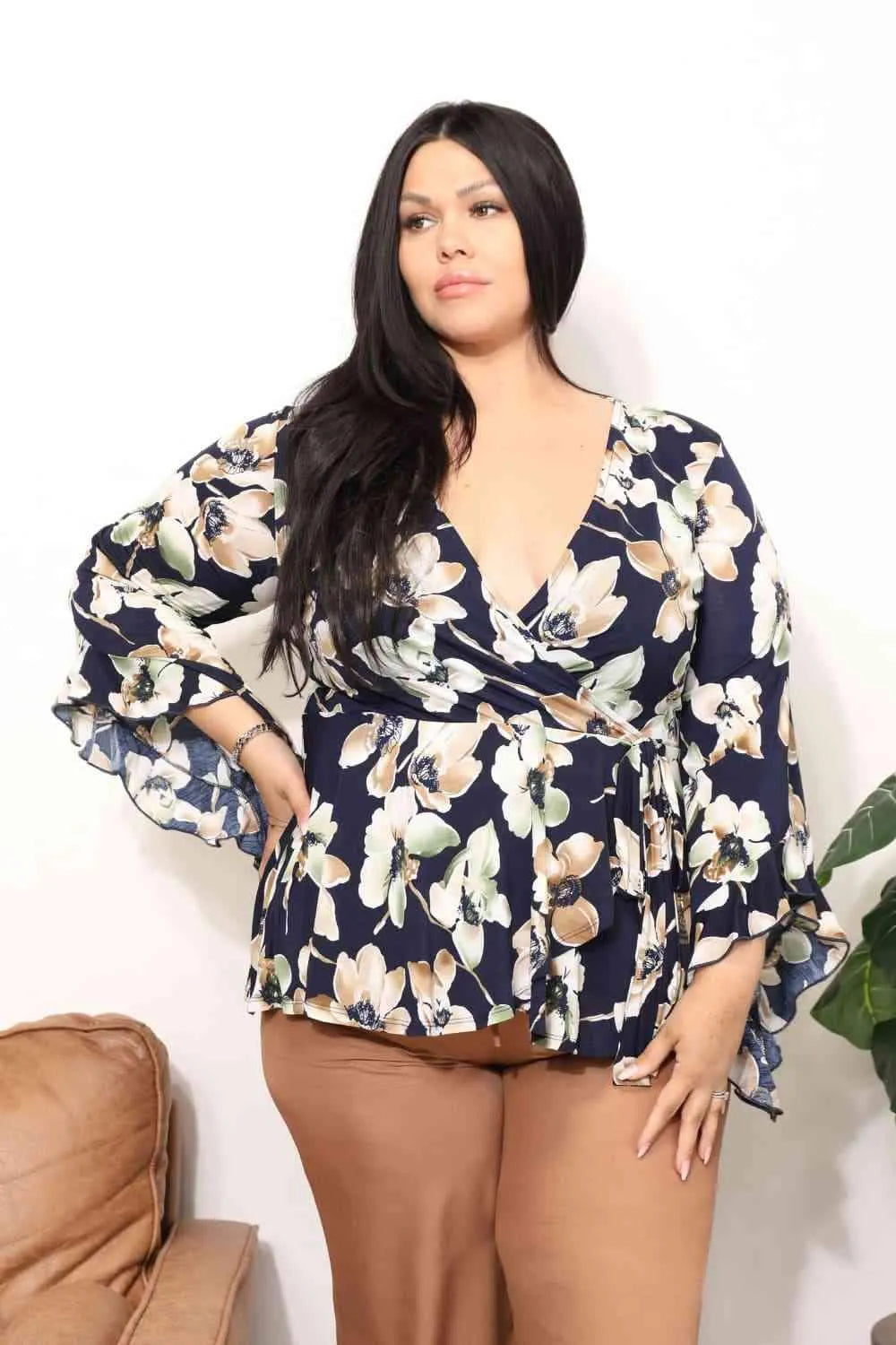 Sew In Love Full Size Angel Sleeve Top with Wrap Tie Body Blouses - Tophatter Daily Deals