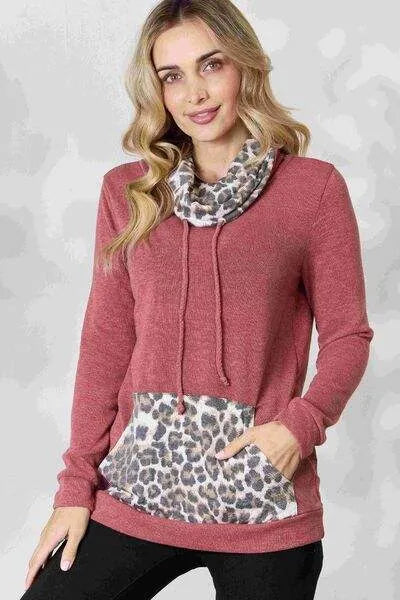 BiBi Leopard Drawstring Long Sleeve Top Marsala Blouses - Tophatter Daily Deals