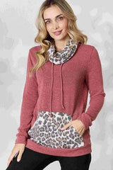 BiBi Leopard Drawstring Long Sleeve Top Marsala Blouses - Tophatter Daily Deals