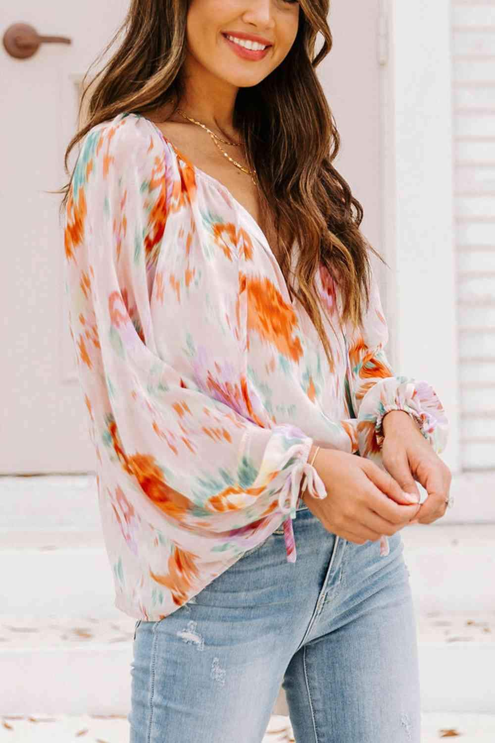 Printed Tie Neck Long Sleeve Blouse Blouses - Tophatter Daily Deals