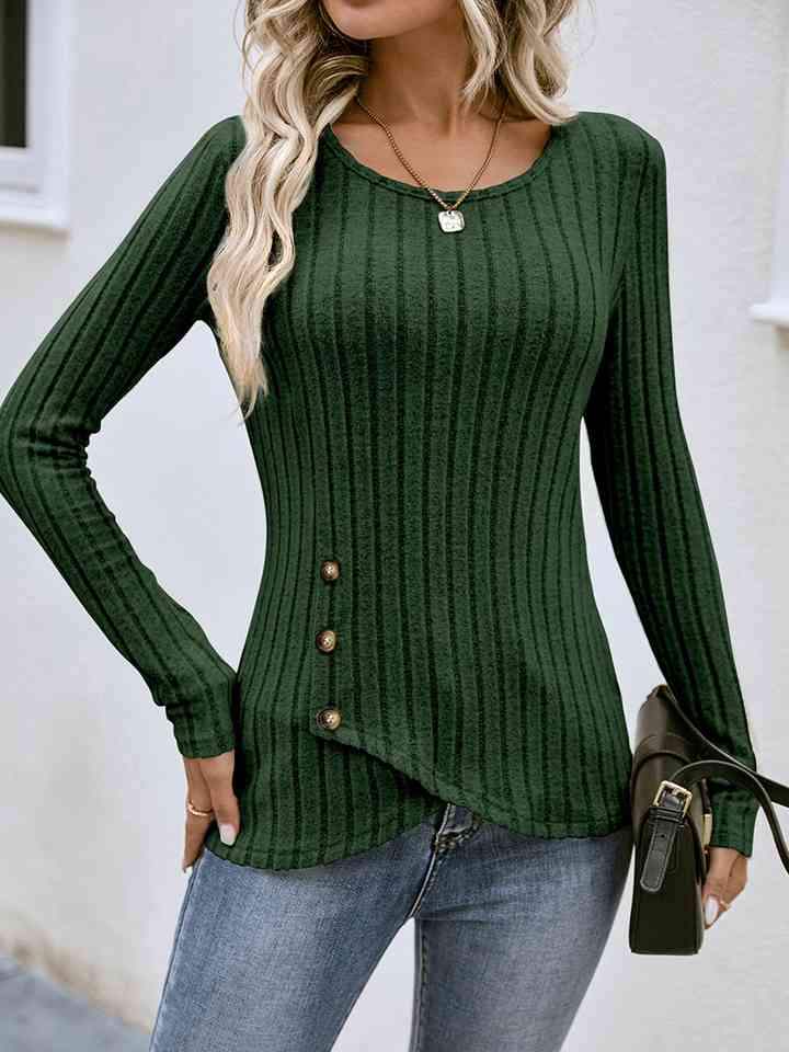 Buttoned Tulip Hem Long Sleeve T-Shirt Green Women's T-Shirts - Tophatter Daily Deals