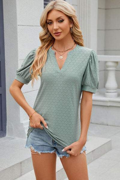 Eyelet Notched Puff Sleeve T-Shirt Women's T-Shirts - Tophatter Daily Deals