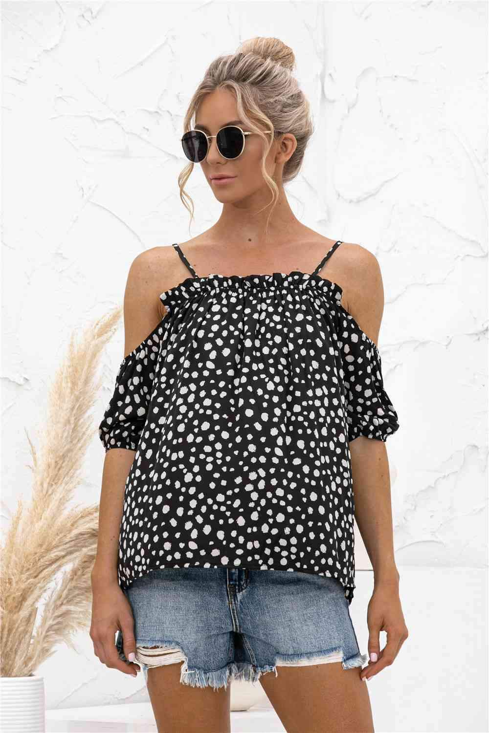 Printed Cold-Shoulder Frill Trim Blouse Black Blouses - Tophatter Daily Deals