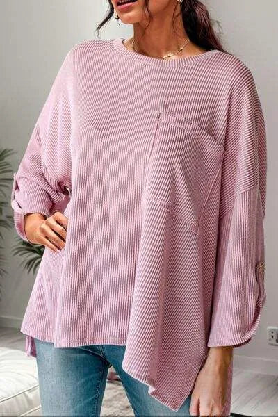 Slit Round Neck Dropped Shoulder T-Shirt Blush Pink Women's T-Shirts - Tophatter Daily Deals