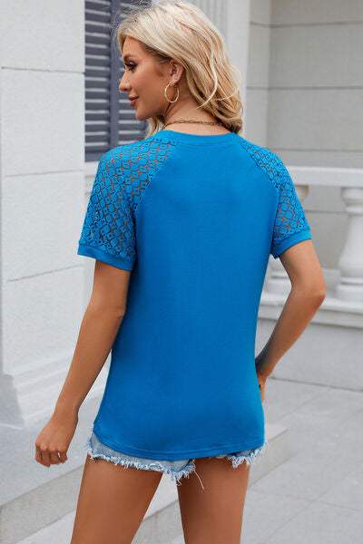 Openwork Round Neck Short Sleeve T-Shirt Women's T-Shirts - Tophatter Daily Deals