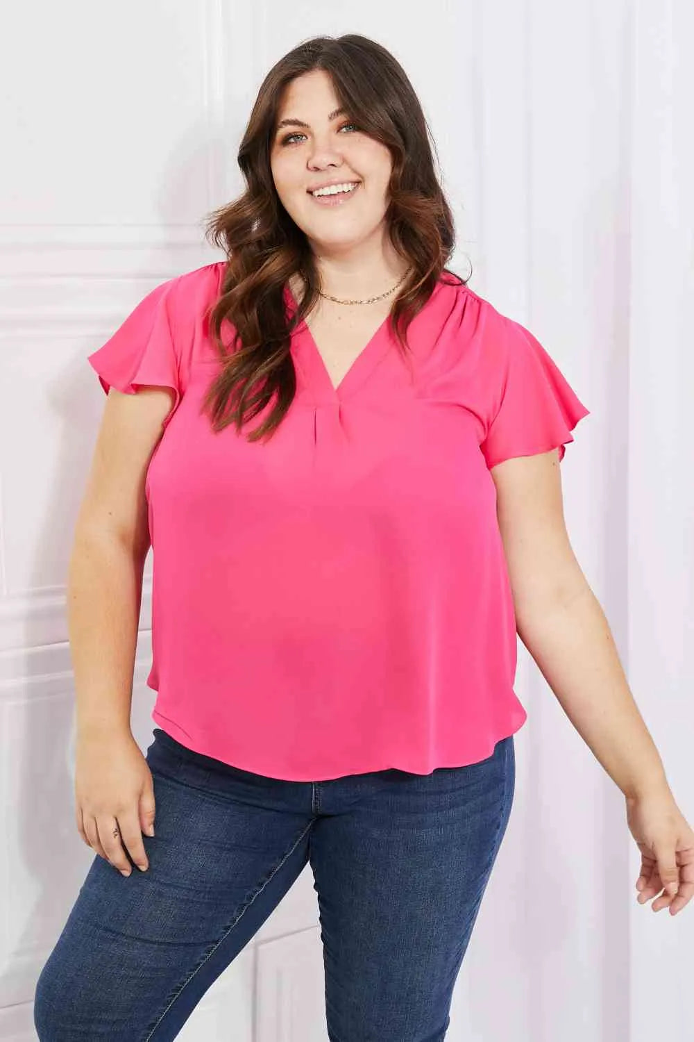 Sew In Love Just For You Full Size Short Ruffled Sleeve Length Top in Hot Pink Hot Pink Blouses - Tophatter Daily Deals