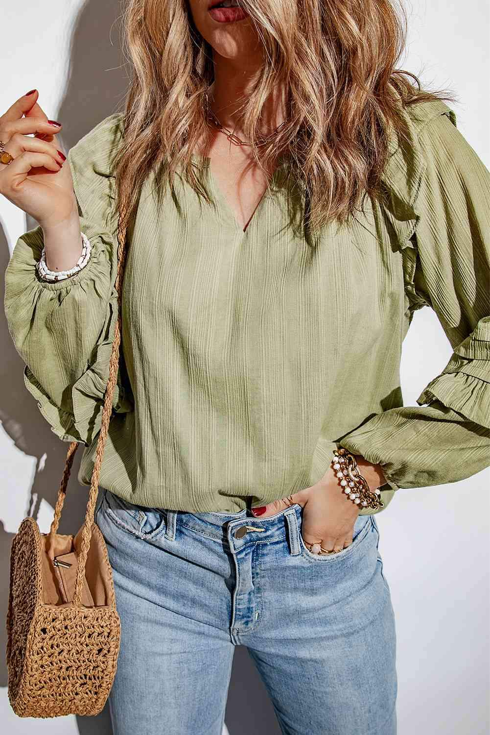 Ruffled Notched Neck Balloon Sleeve Blouse Blouses - Tophatter Daily Deals