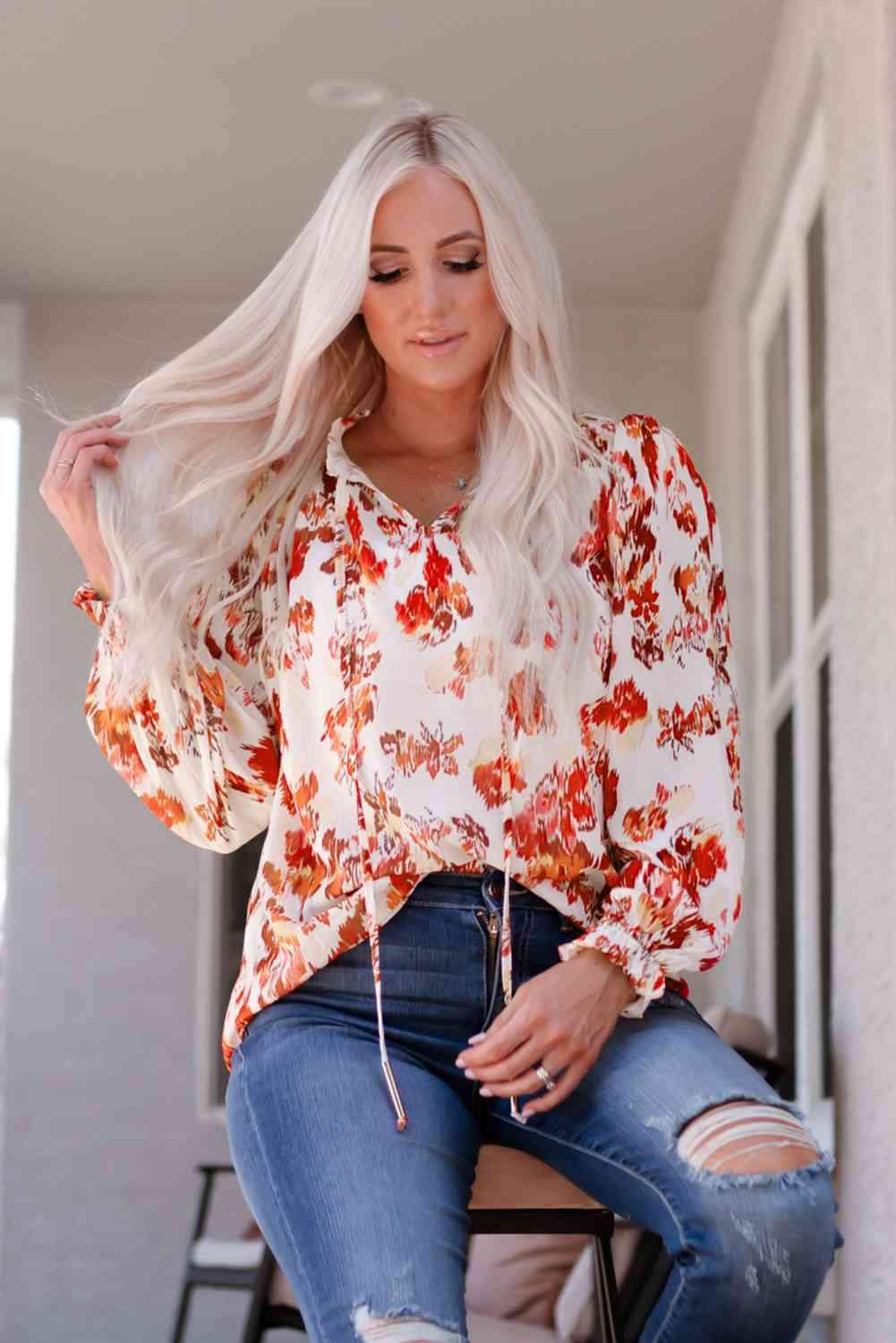 Printed Frill Trim Tie Neck Flounce Sleeve Blouse Blouses - Tophatter Daily Deals